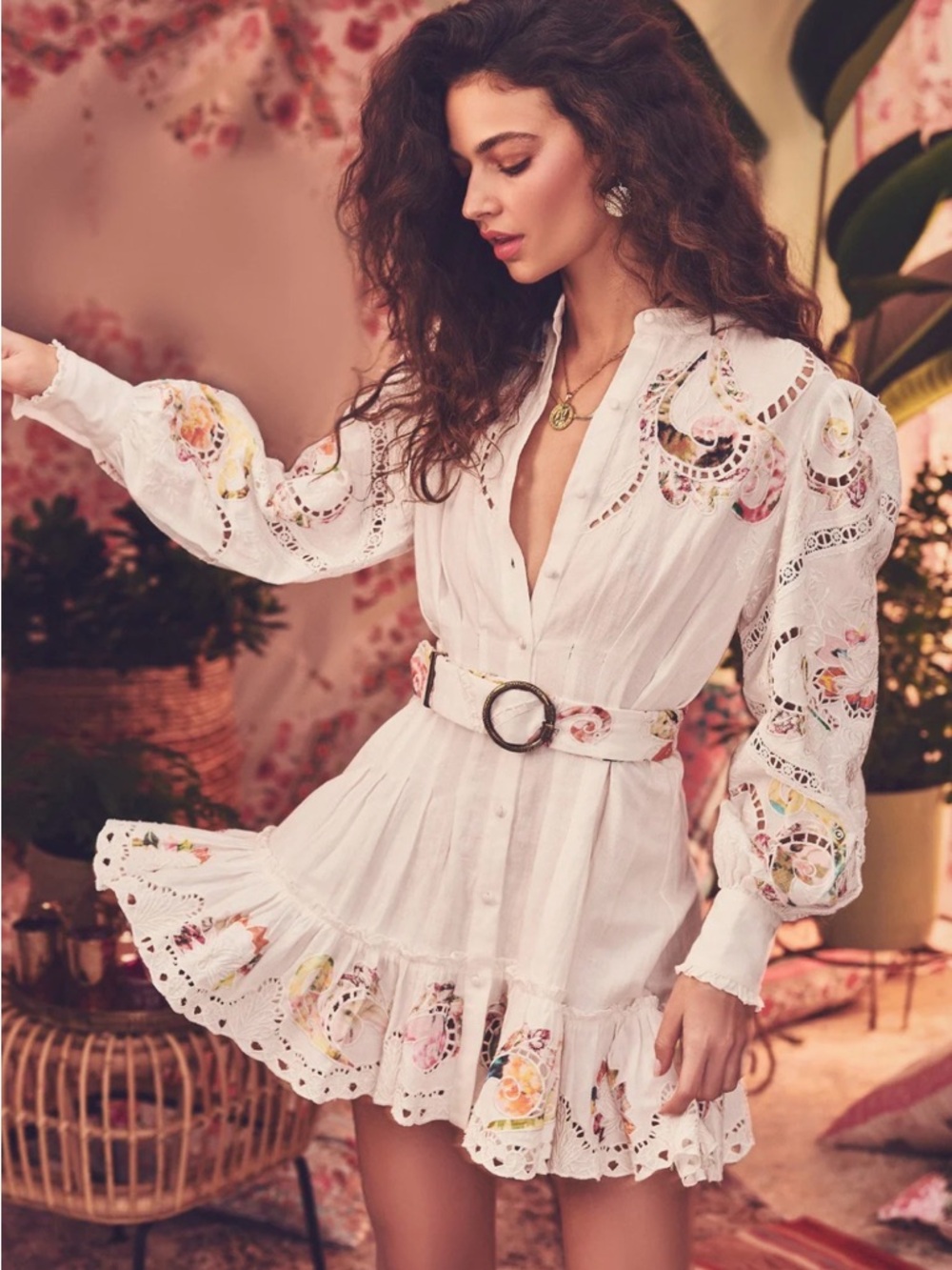 Hemant & Nandita Cora Printed Mini Dress Linen Ecru Embroidered Eyelet Sz L Fair